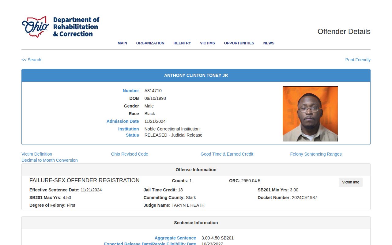 ODRC released offender photo and Clermont County release status example