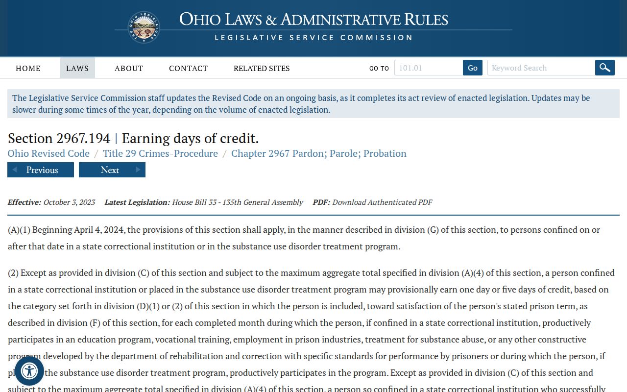 Ohio earned-credit law for Clermont County projected release dates