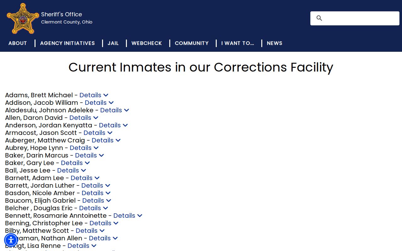 Clermont County current inmate roster used for 72-hour release verification