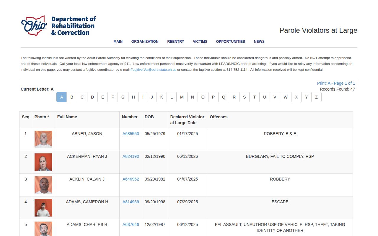 Ohio VAL list warning for Clermont County parole records